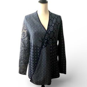 J. Jill Cotton Drape Cardigan Blue and Gray Paisley Patterned Open Front Size S